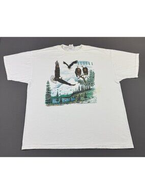 Rare Vintage 90s Alaska Eagle Nature Forest Earth Art White Shirt Jerzees Tag XL